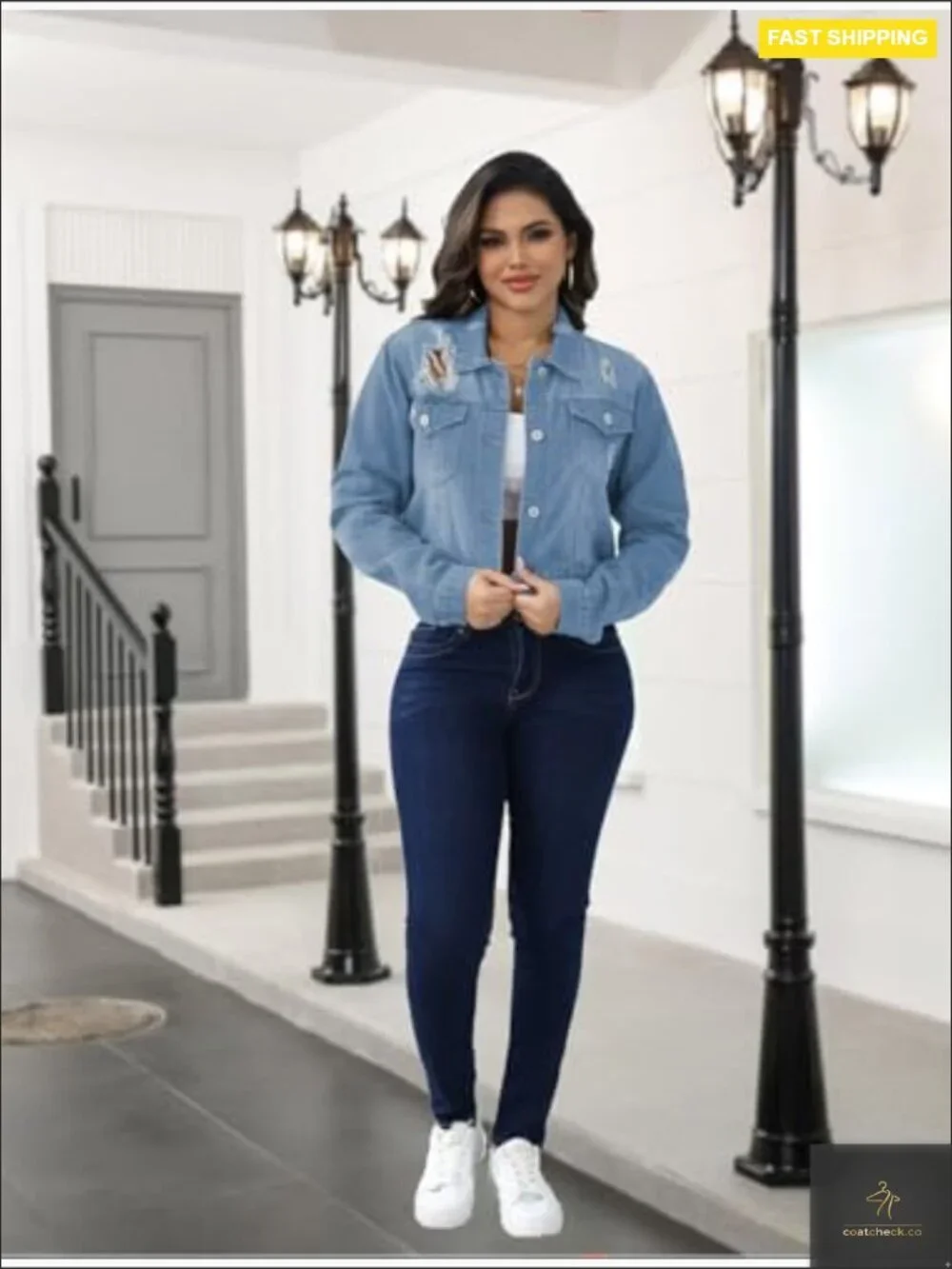 Distressed Denim Jacket Oversized Frayed Hem Long Sleeve Button Down Western_6